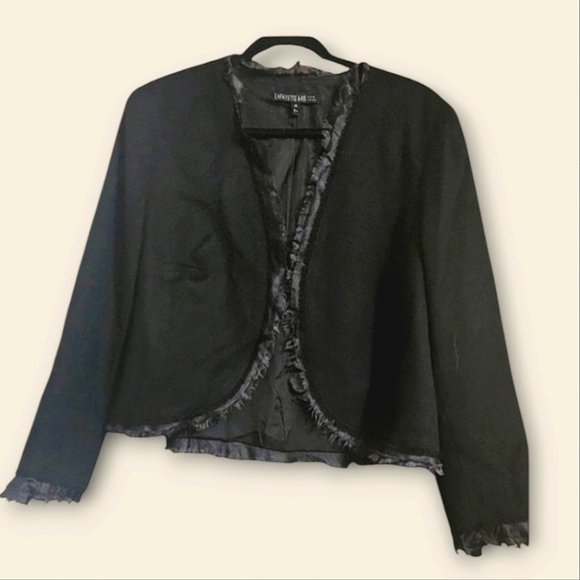 LAFAYETTE 148 NEWYORK Blackwool/cashmere openfront blazer.Silk fray trim. Sz14 - Picture 1 of 8